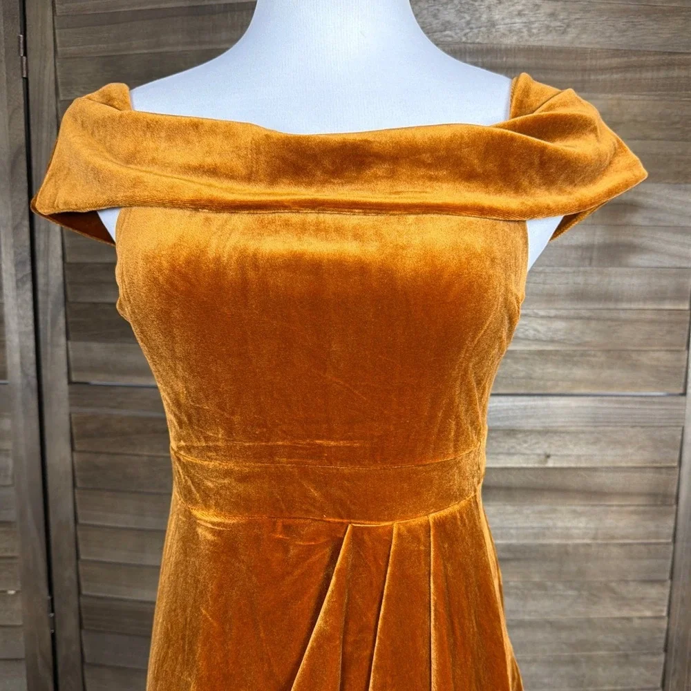 Lulus Rust Orange Velvet Off The Shoulder Maxi Dress Small Pleated Tulip Gown - Picture 3 of 10